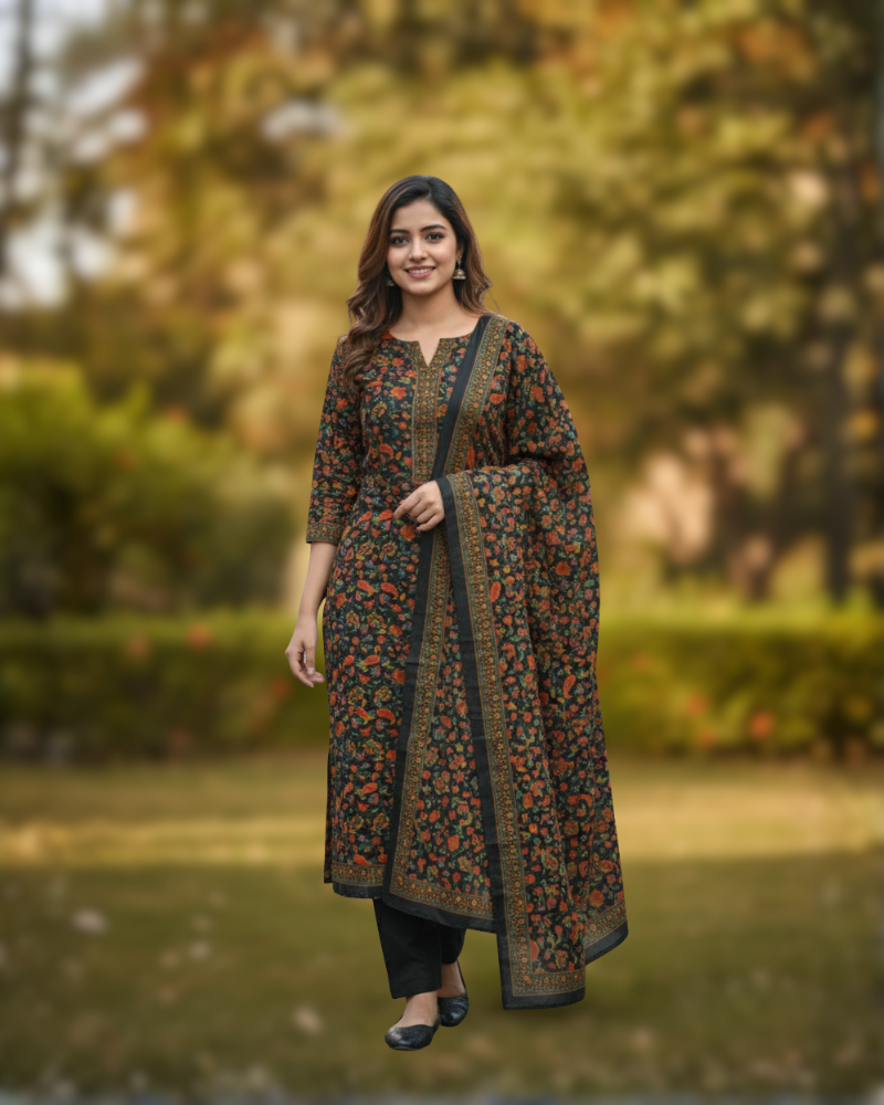 KRITI Winter Woolen Unstitched Suit Black Color For Women