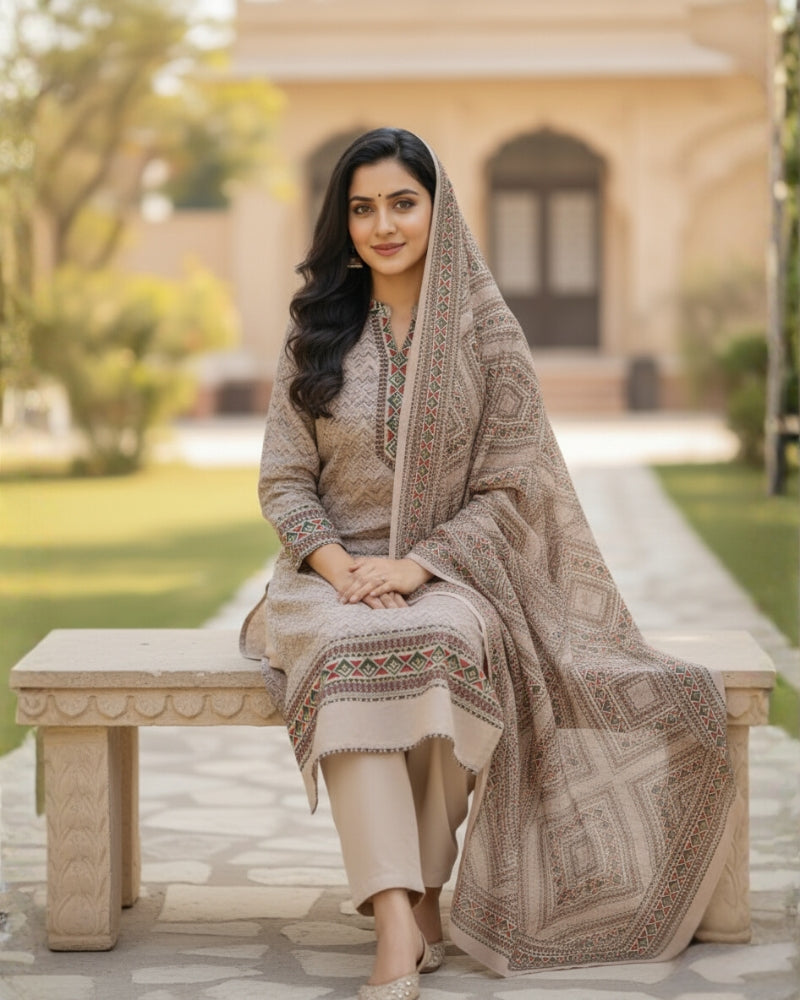 महिलाओं के लिए कृति विंटर वूलन अनस्टिच्ड सूट पीच रंग