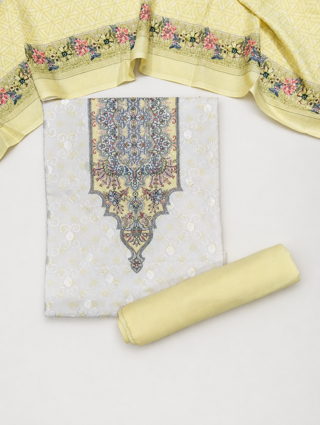 Designer Printed Cotton Unstitched Suit - Lemon
