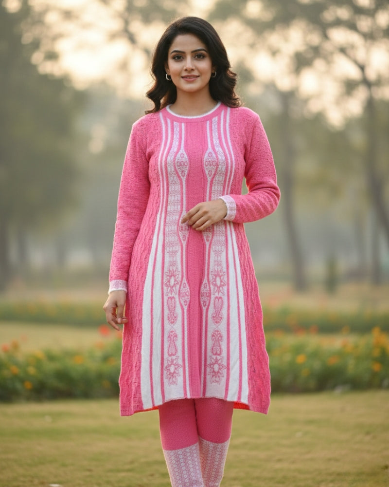 Full Sleeve Knee Length Woolen Fabric Pink Color 3 PC Kurti Set For Women