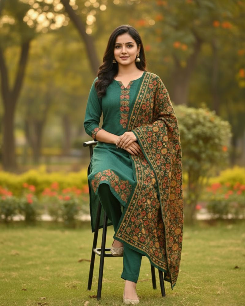 KRITI महिलाओं के लिए डिजिटल प्रिंट ऊनी हरा रंग अनस्टिच्ड फ़ैब्रिक सूट सेट विंटरवियर 