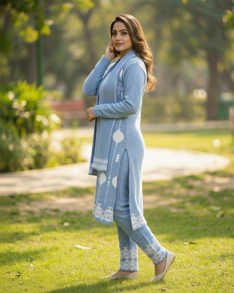 KRITI Wool Blend 3-Piece Embroidered Kurti Set for Women | Warm Knitted Kurti Lower & Stole Dupatta | Winter Indian Ethnic Wear Suit | M to XXL |