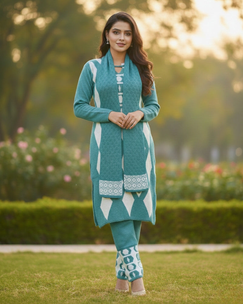 Women's Geometric Print Aqua Color Woolen Kurti Set with Stole  | Warm Winter 3-Piece Suit
