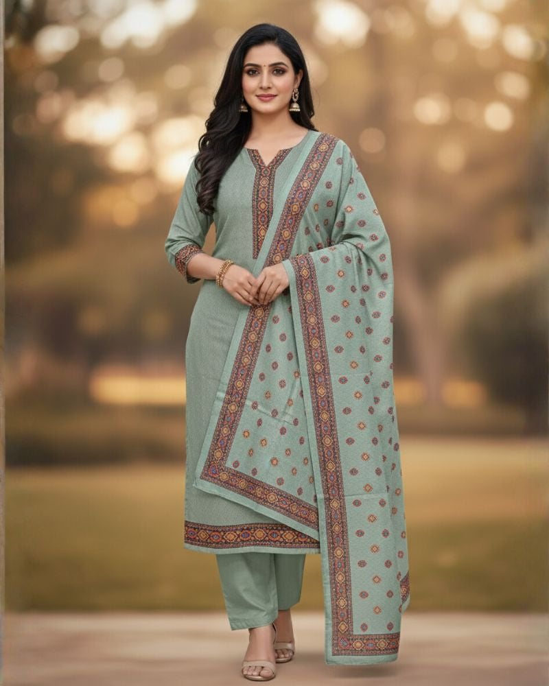 KRITI Women's Digital Print Woolen Mint Color Unstitched Fabric Suit Set Winterwear