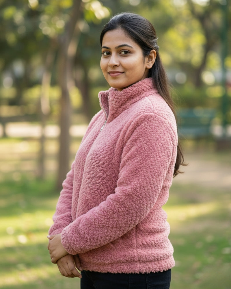 KRITI Women’s Premium Wool Blend Faux Fur Dark Pink Color Winter Jacket