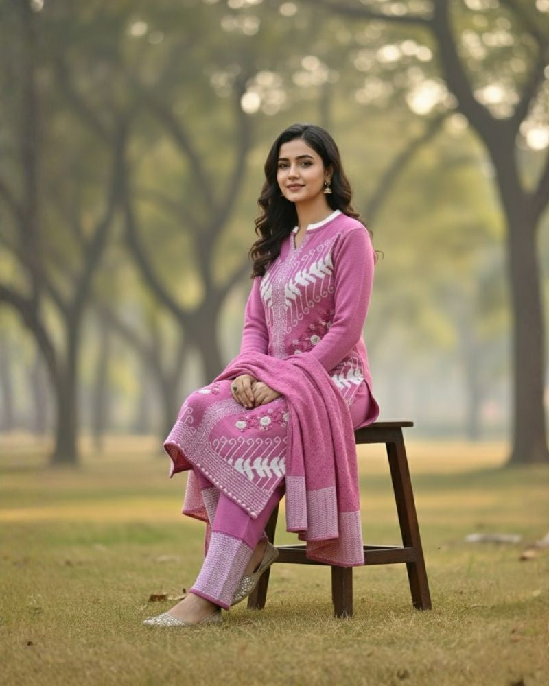 प्रीमियम 3-पीस ऊनी विंटर कुर्ती सेट | बॉटम और स्टोल के साथ बुना हुआ कुर्ता | M-XXL साइज़