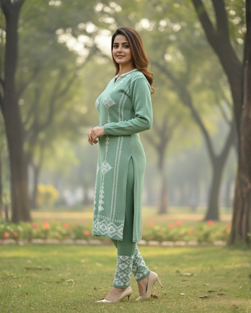 प्रीमियम 3-पीस ऊनी विंटर कुर्ती सेट | बॉटम और स्टोल के साथ बुना हुआ कुर्ता | M-XXL साइज़