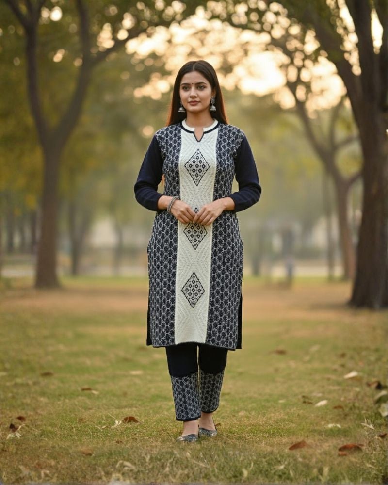 प्रीमियम 3-पीस ऊनी विंटर कुर्ती सेट | बॉटम और स्टोल के साथ बुना हुआ कुर्ता | M-XXL साइज़