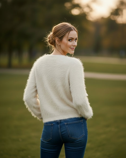 Women's Open Front Woolen Fluffy Top | Cream Oversized Fuzzy Shaggy Top | Long Sleeve & Loose Fit