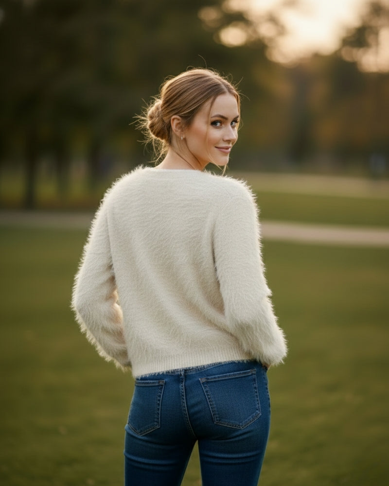 Women's Open Front Woolen Fluffy Top | Cream Oversized Fuzzy Shaggy Top | Long Sleeve & Loose Fit