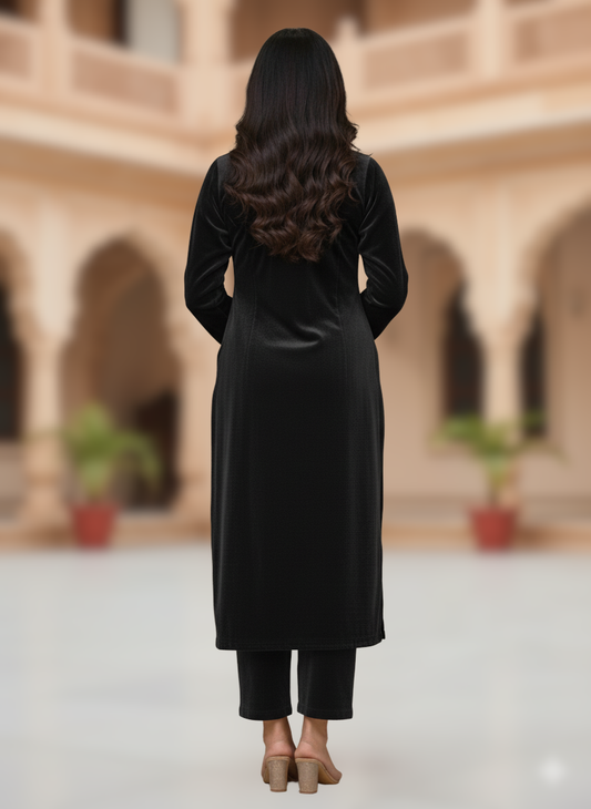 KRITI Winter Velvet 3 Piece Kurti Set Black Color For Women