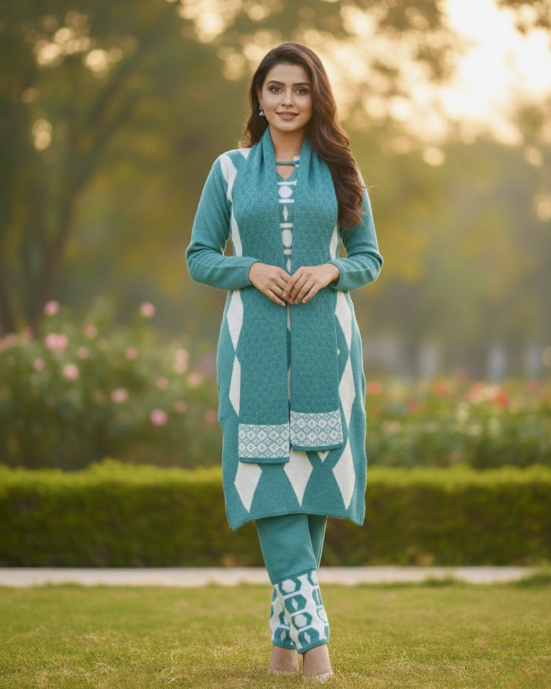 Women's Geometric Print Aqua Color Woolen Kurti Set with Stole  | Warm Winter 3-Piece Suit