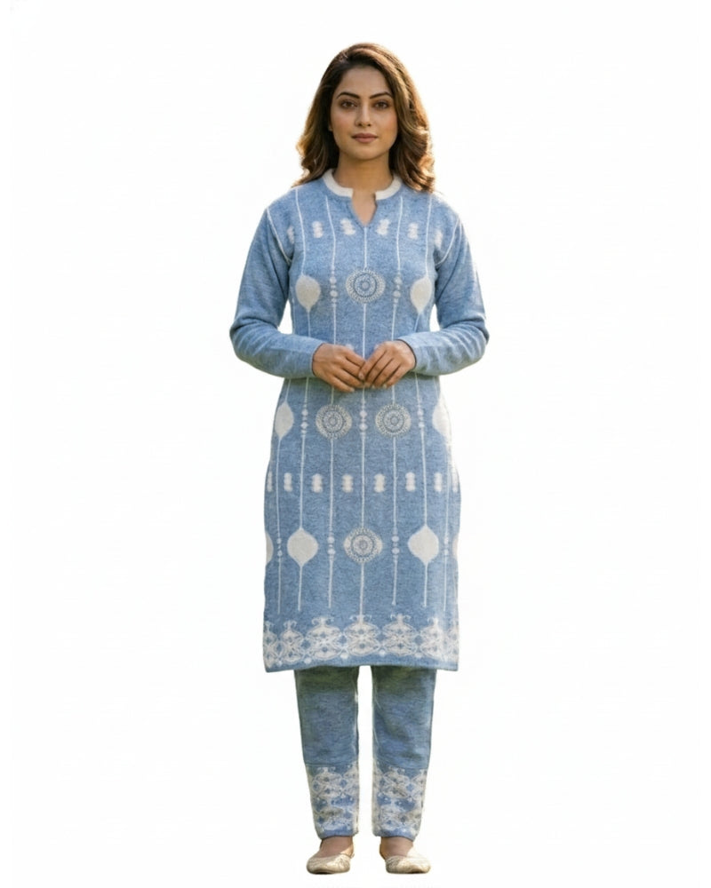 KRITI Wool Blend 3-Piece Embroidered Kurti Set for Women | Warm Knitted Kurti Lower & Stole Dupatta | Winter Indian Ethnic Wear Suit | M to XXL |