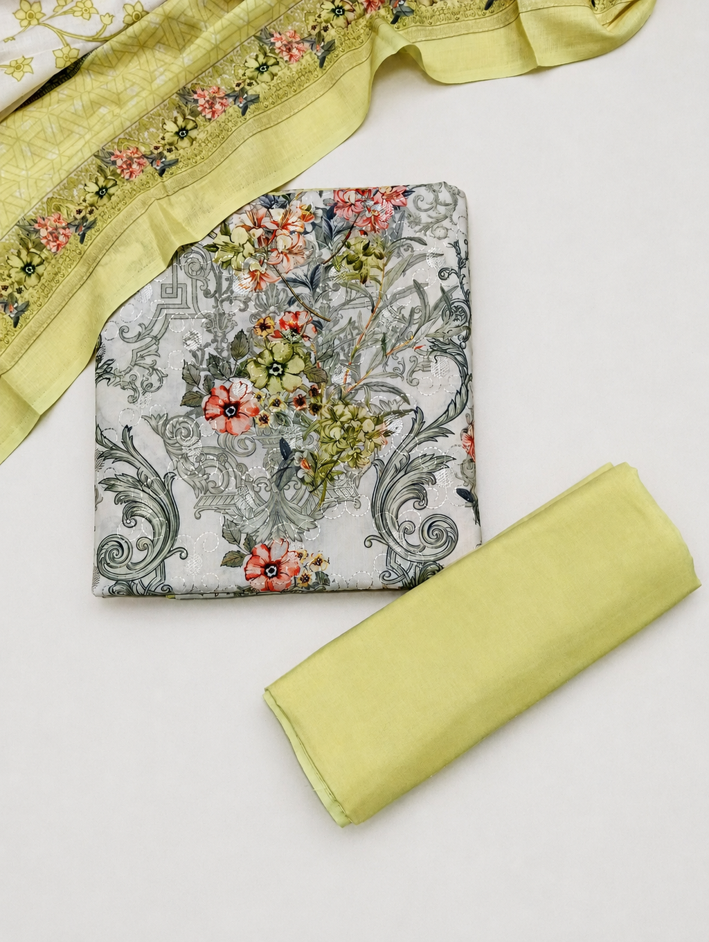 Designer Printed Cotton Unstitched Suit - Lemon