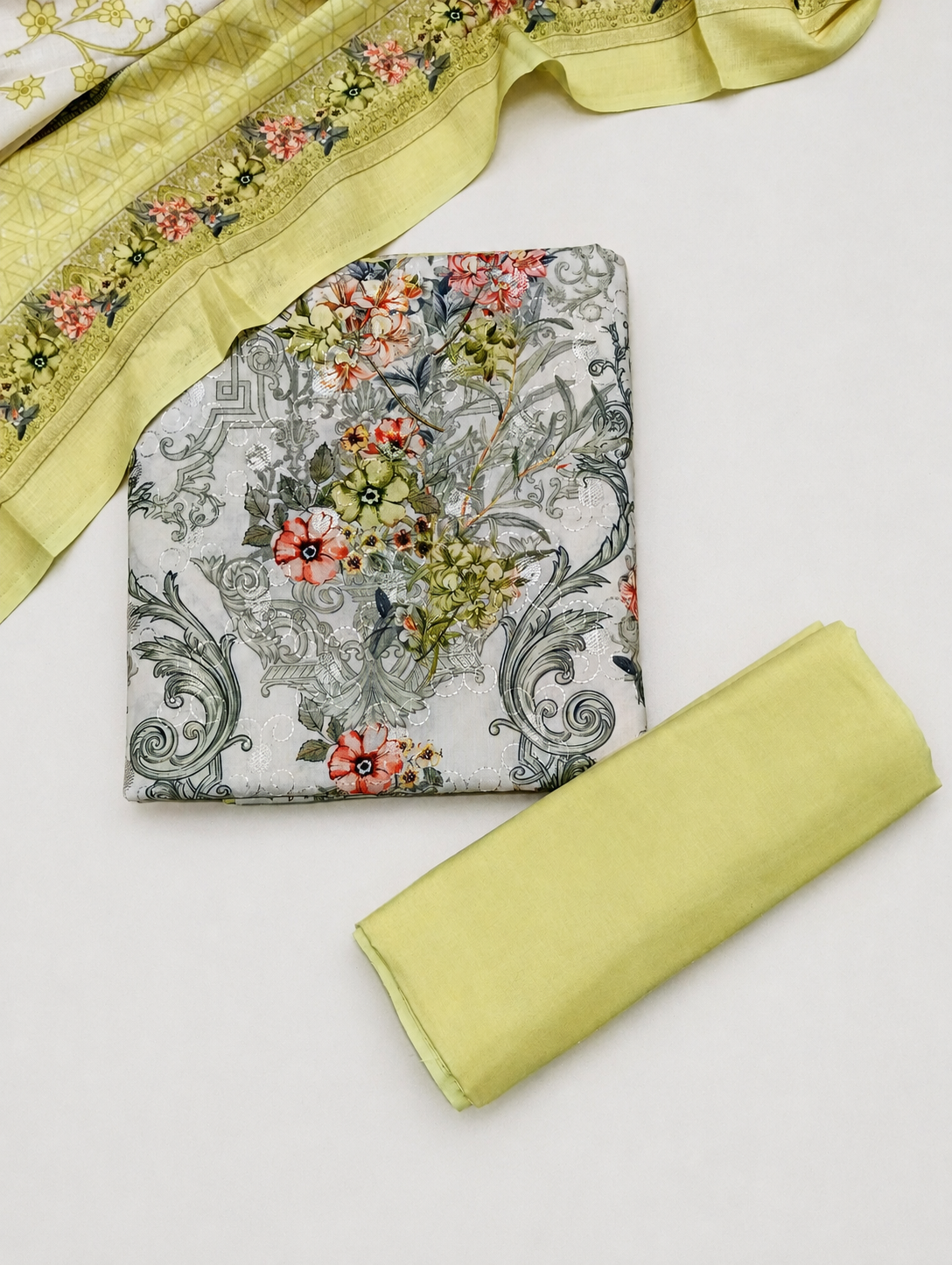 Designer Printed Cotton Unstitched Suit - Lemon