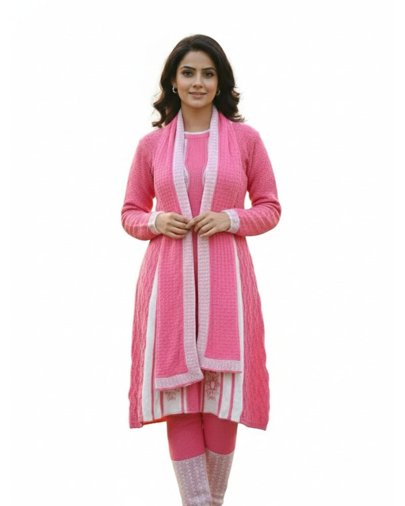 Full Sleeve Knee Length Woolen Fabric Pink Color 3 PC Kurti Set For Women