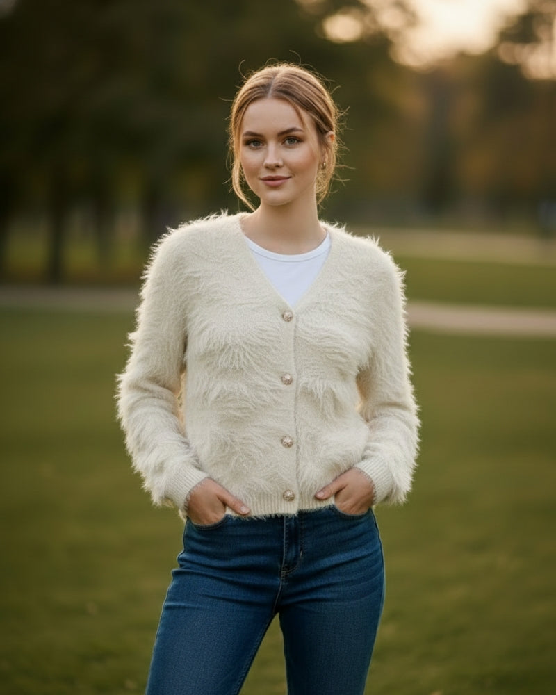 Women's Open Front Woolen Fluffy Top | Cream Oversized Fuzzy Shaggy Top | Long Sleeve & Loose Fit
