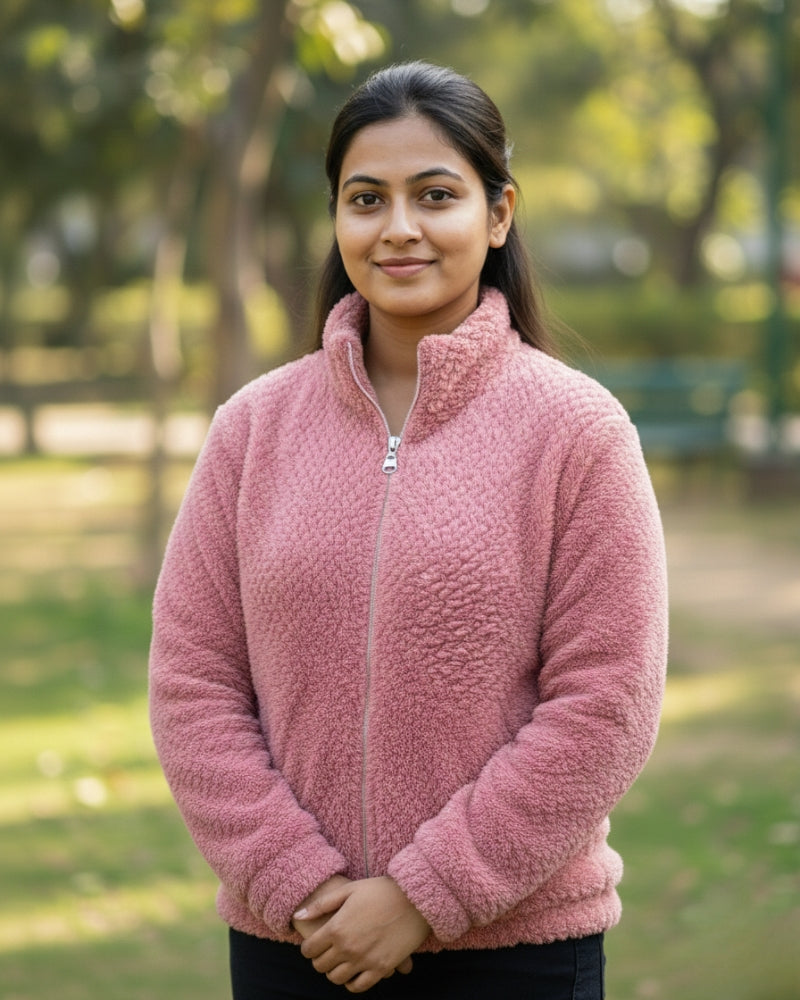 KRITI Women’s Premium Wool Blend Faux Fur Dark Pink Color Winter Jacket