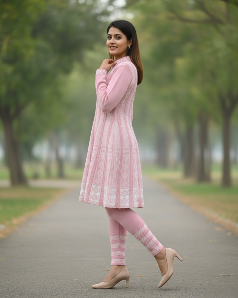 KRITI बुना हुआ ऊनी फ्रॉक कुर्ता सेट | बॉटम वियर के साथ 2-पीस विंटर कुर्ती 
