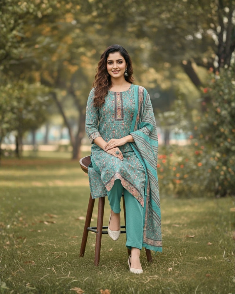 महिलाओं के लिए KRITI विंटर वूलन डिजिटल प्रिंट सिले हुए हरे रंग के सूट