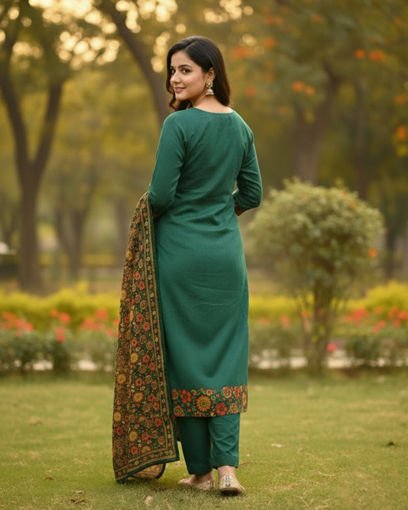 KRITI Winter Woolen Unstitched Suit Green Color For Women