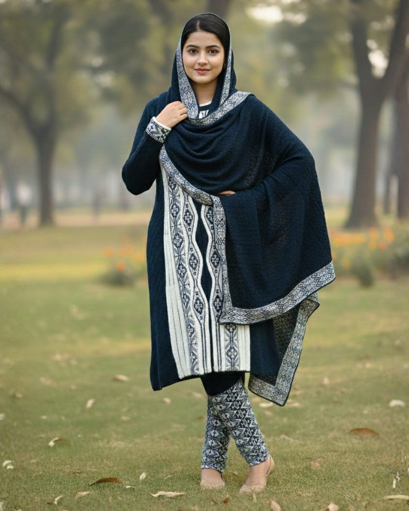 Full Sleeve Knee Length Hair Wool Fabric Navy Color 3 PC Kurti Set For Women