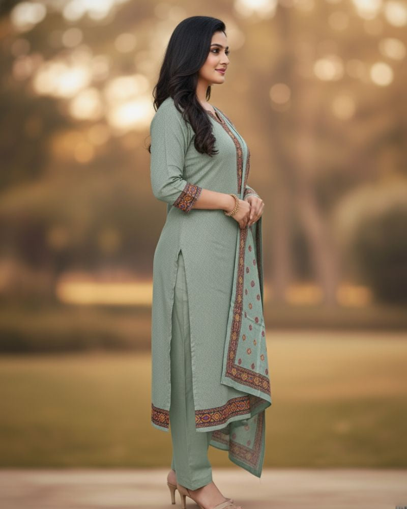 KRITI Winter Woolen Unstitched Suit Mint Green Color For Women
