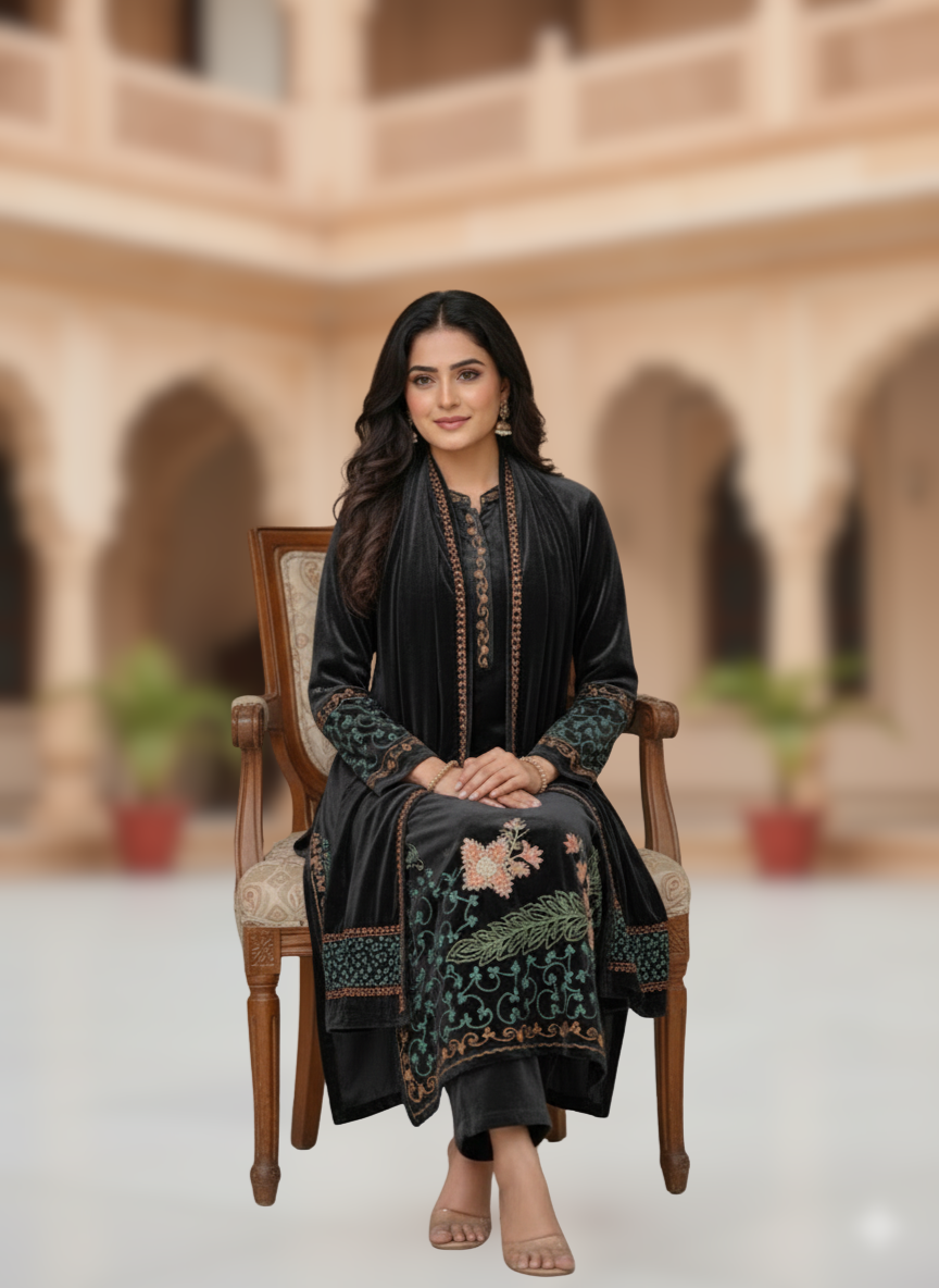 KRITI Winter Velvet 3 Piece Kurti Set Black Color For Women