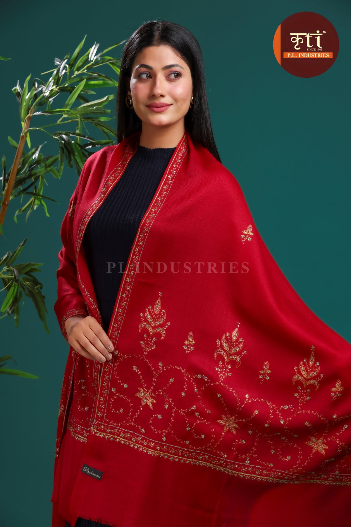 Kashmiri Hand Embroidered Pure Wool Stole- Red