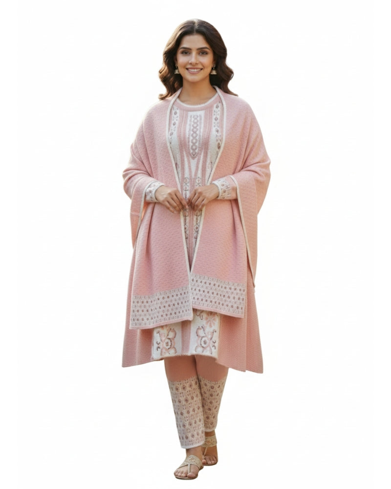 Woollen 3-Piece Embroidered Kurti Set- Onion