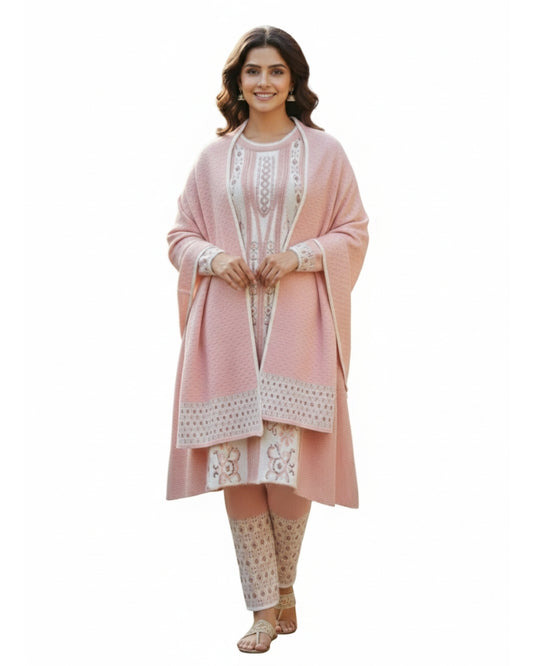 Woollen 3-Piece Embroidered Kurti Set- Onion