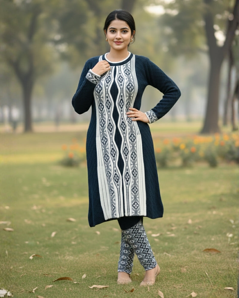 Full Sleeve Knee Length Hair Wool Fabric Navy Color 3 PC Kurti Set For Women