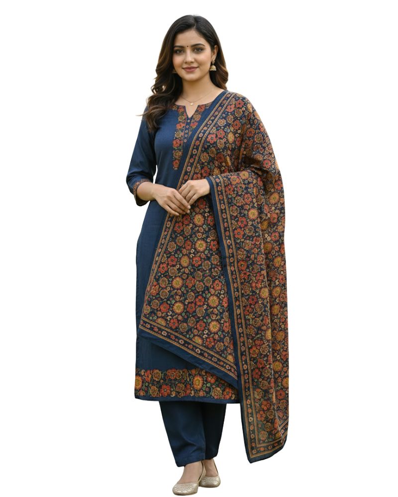 KRITI महिलाओं के लिए डिजिटल प्रिंट ऊनी नीले रंग का अनस्टिच्ड फ़ैब्रिक सूट सेट विंटरवियर 