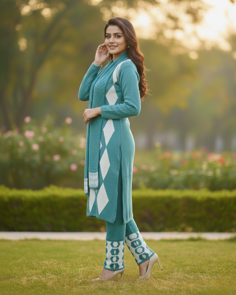 Women's Geometric Print Woolen Kurti Set - Aqua