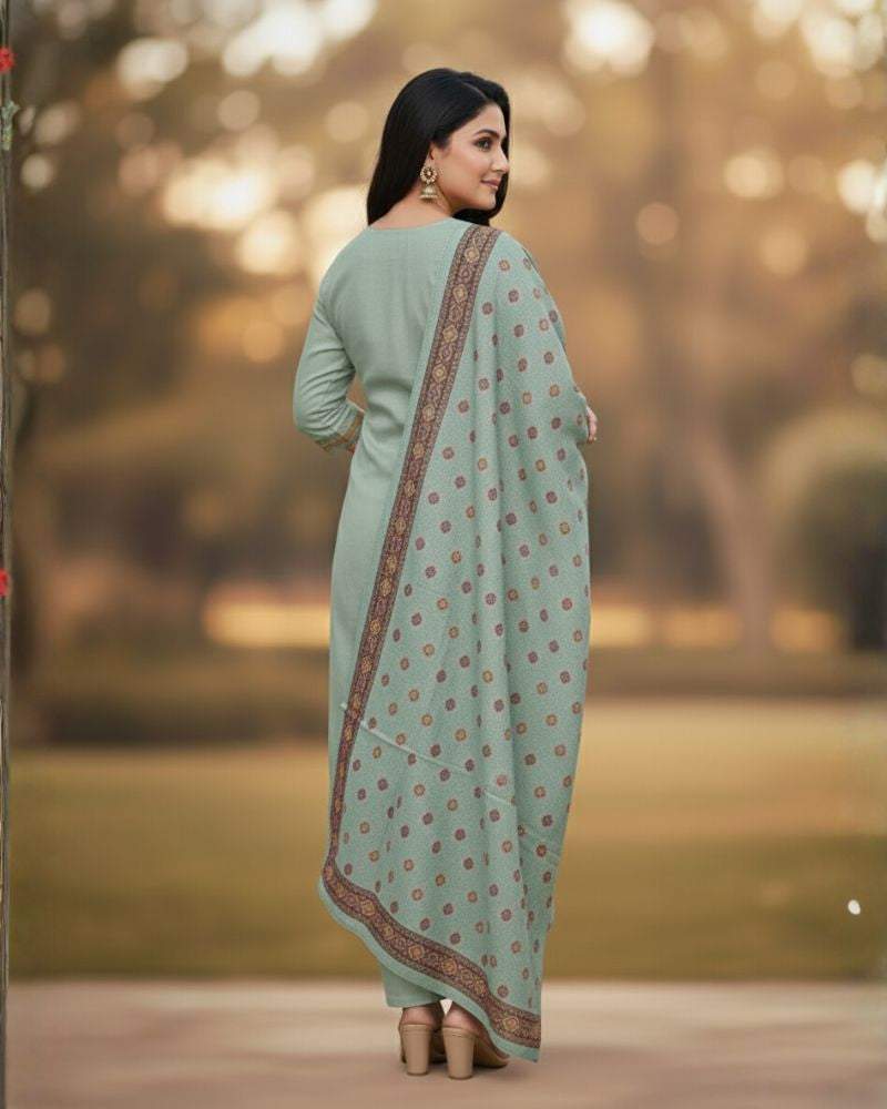 KRITI Winter Woolen Unstitched Suit Mint Green Color For Women