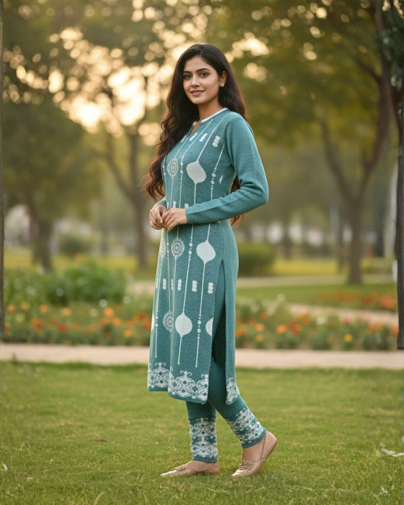 KRITI Wool Blend 3-Piece Embroidered  Kurti Set for Women | Warm Knitted Kurti Lower & Stole Dupatta | Winter Indian Ethnic Wear Suit | M to XXL |