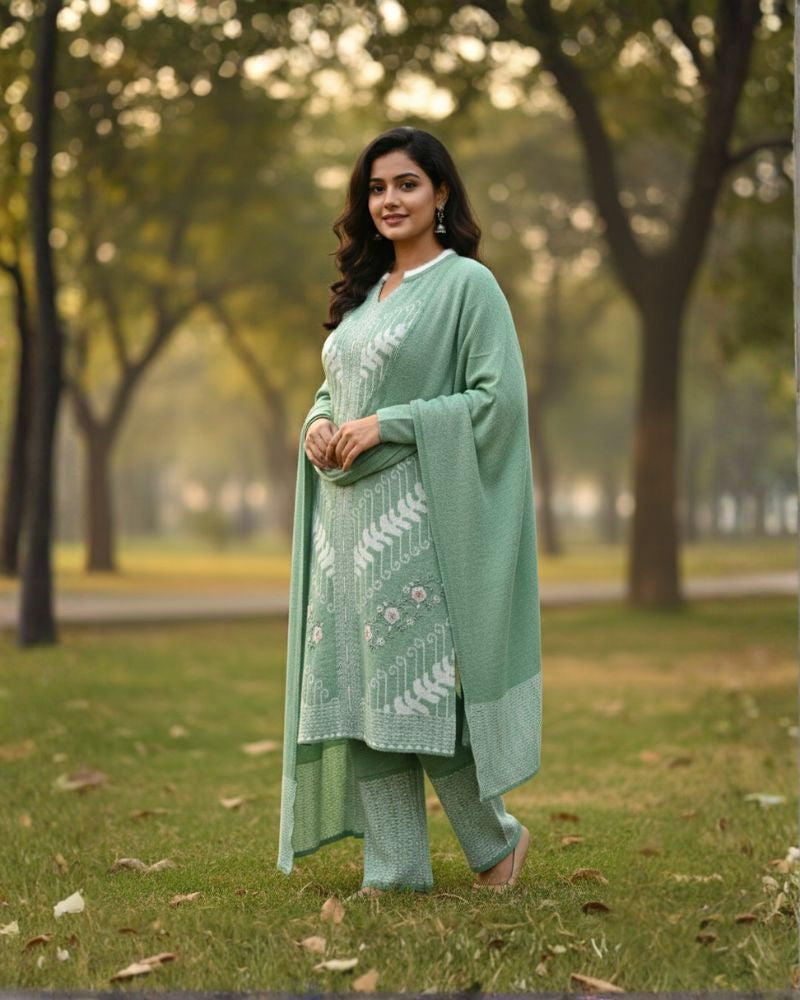 प्रीमियम 3-पीस ऊनी विंटर कुर्ती सेट | बॉटम और स्टोल के साथ बुना हुआ कुर्ता | M-XXL साइज़