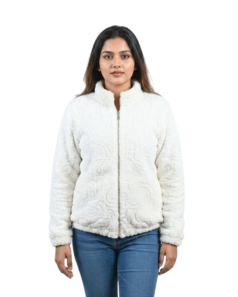 KRITI Women’s Premium Wool Blend Faux Fur White Color Winter Jacket