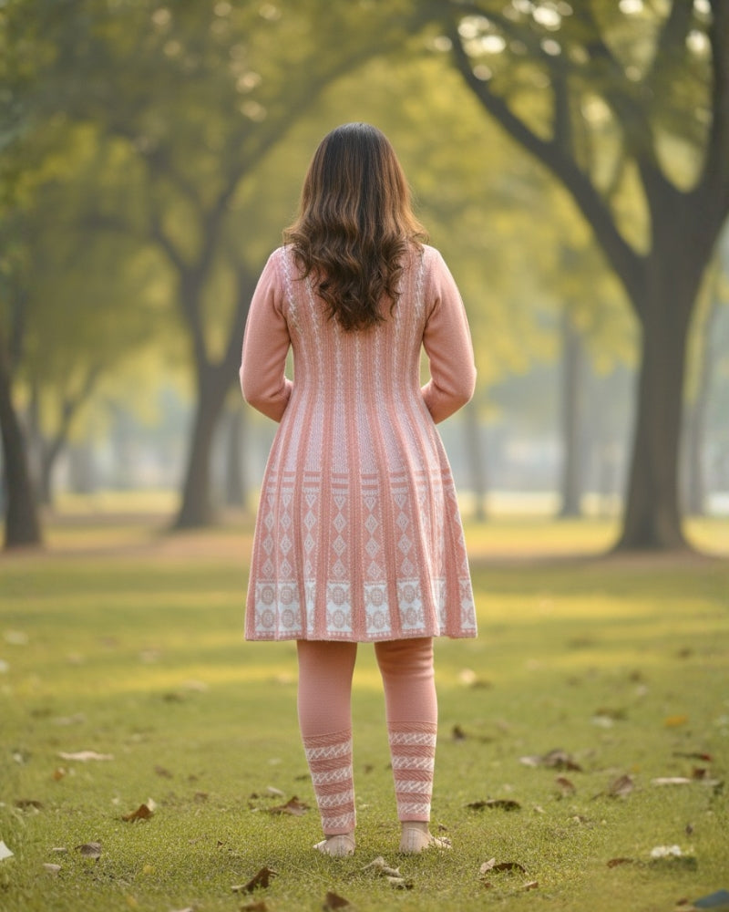 KRITI बुना हुआ ऊनी फ्रॉक कुर्ता सेट | बॉटम वियर के साथ 2-पीस विंटर कुर्ती 