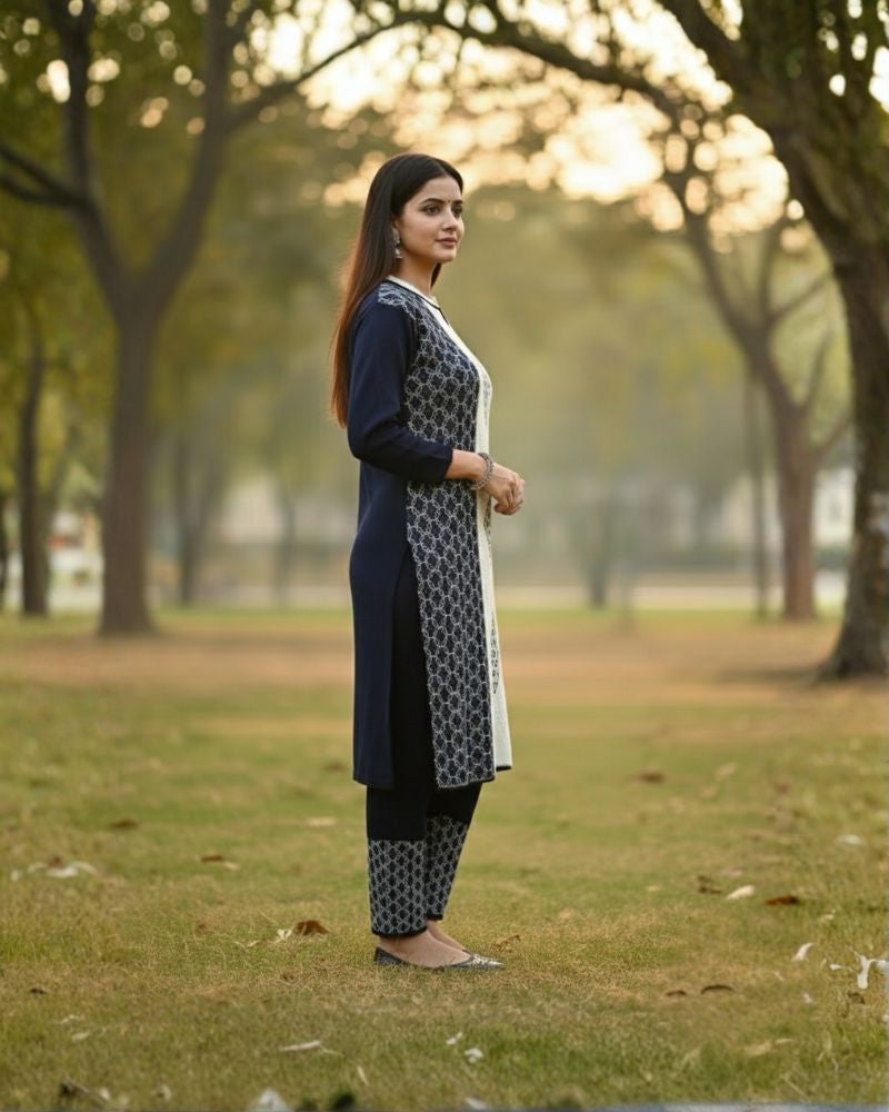 प्रीमियम 3-पीस ऊनी विंटर कुर्ती सेट | बॉटम और स्टोल के साथ बुना हुआ कुर्ता | M-XXL साइज़