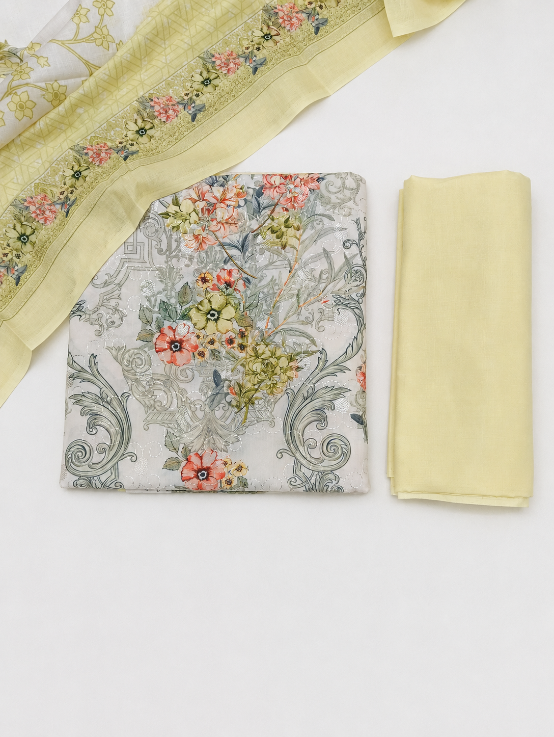 Designer Printed Cotton Unstitched Suit - Lemon