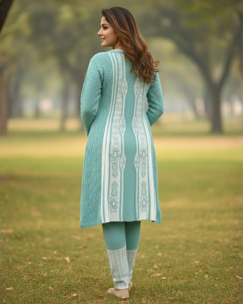 Full Sleeve Knee Length Woolen Fabric Sea Green Color 3 PC Kurti Set For Women