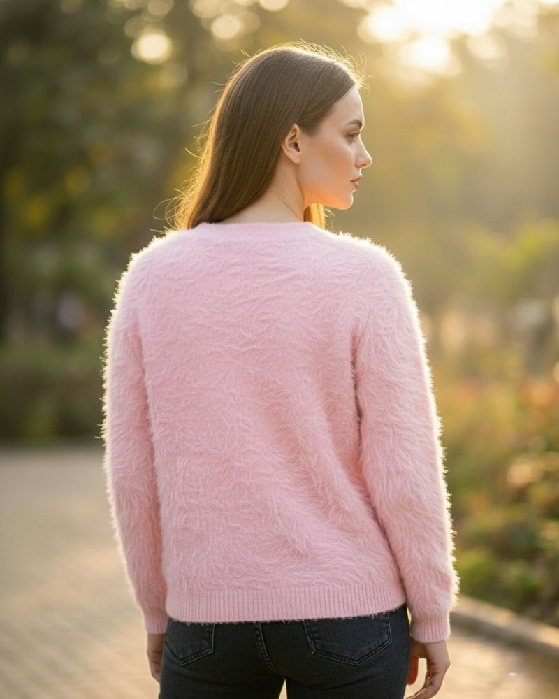 Women's Open Front Woolen Fluffy Top | Pink Oversized Fuzzy Shaggy Top | Long Sleeve & Loose Fit