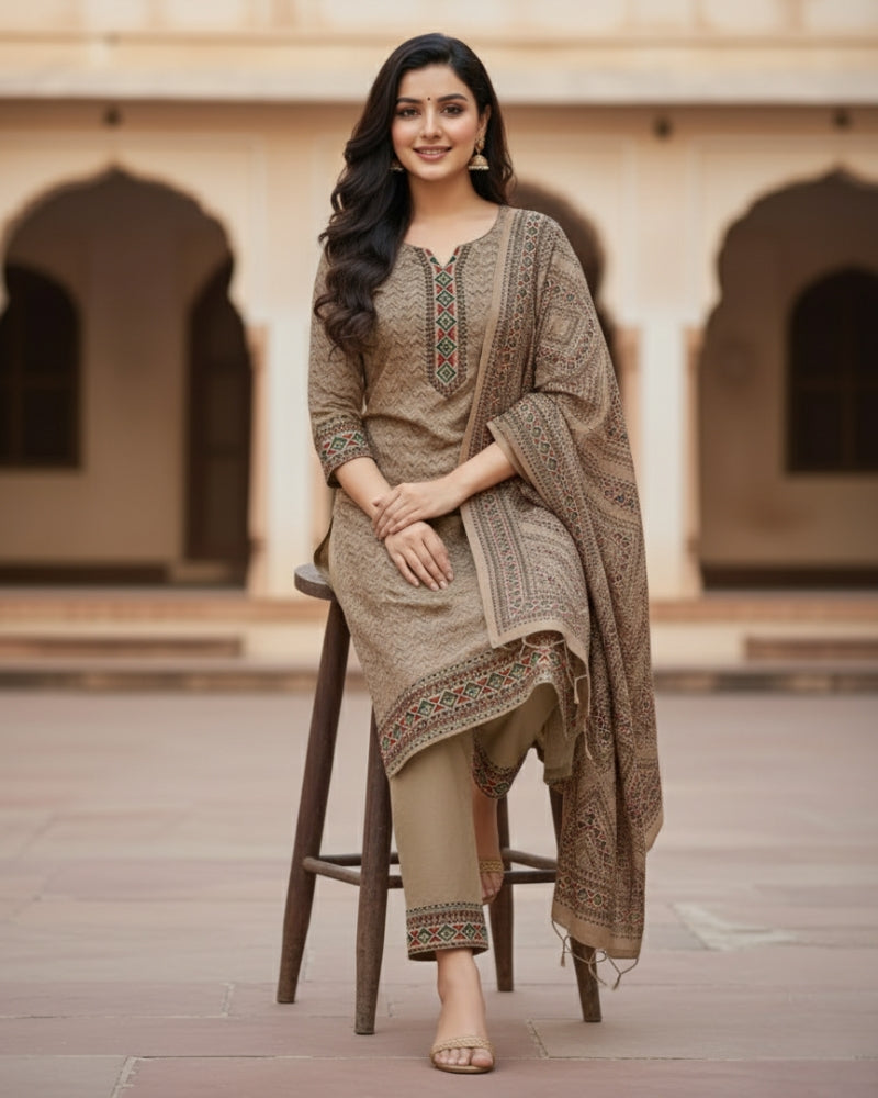 KRITI महिलाओं के लिए डिजिटल प्रिंट ऊनी कैमल रंग का अनस्टिच्ड फ़ैब्रिक सूट सेट विंटरवियर 