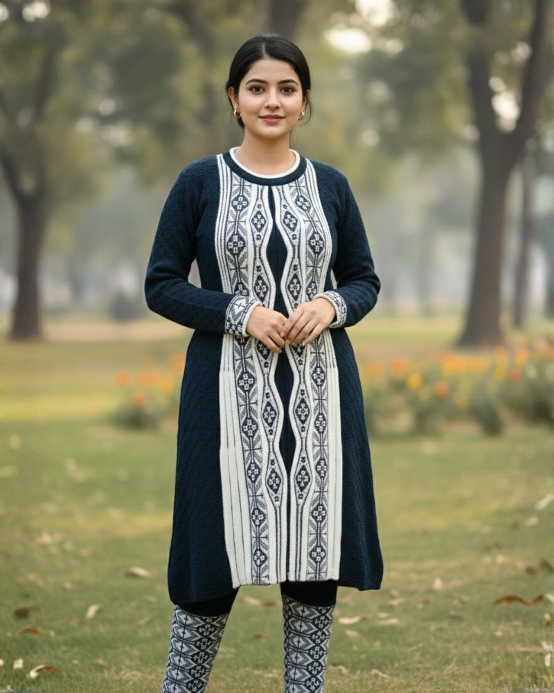 Full Sleeve Knee Length Hair Wool Fabric Navy Color 3 PC Kurti Set For Women