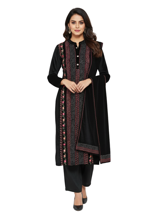 KRITI विंटर वेलवेट 3 पीस कढ़ाई कुर्ती सेट काले रंग में महिलाओं के लिए