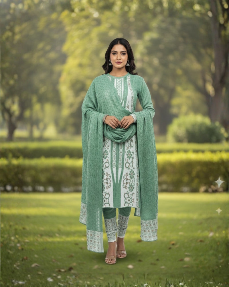 KRITI Winter Embroidery 3 Piece Kurti Set Green Color For Women