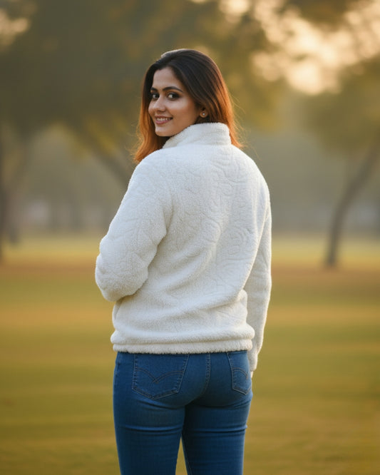 KRITI Women’s Premium Wool Blend Faux Fur White Color Winter Jacket