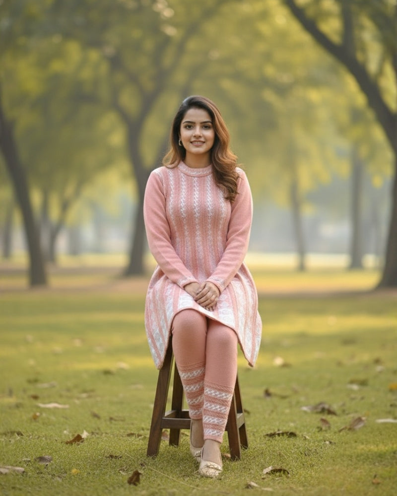 KRITI बुना हुआ ऊनी फ्रॉक कुर्ता सेट | बॉटम वियर के साथ 2-पीस विंटर कुर्ती 