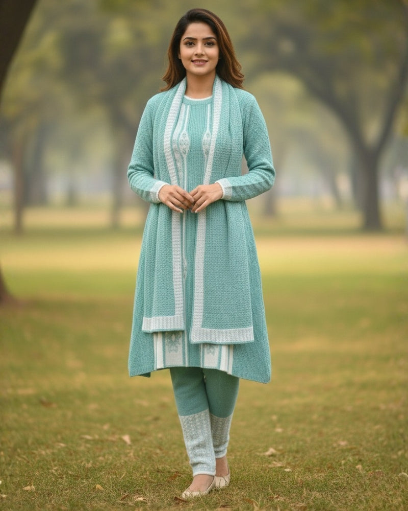 Full Sleeve Knee Length Woolen Fabric Sea Green Color 3 PC Kurti Set For Women